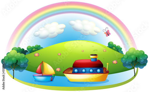 Ships near an island with a rainbow
