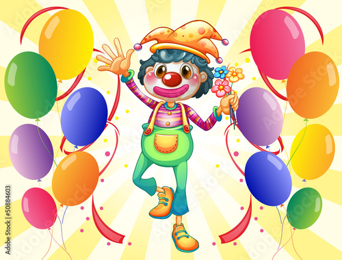 A clown with flowers and balloons