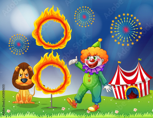A lion and a clown performing