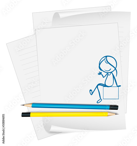 A paper with a sketch of a girl sitting down