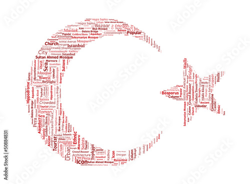 Turkey Istanbul Word Cloud inside Crescent and Star Shapes