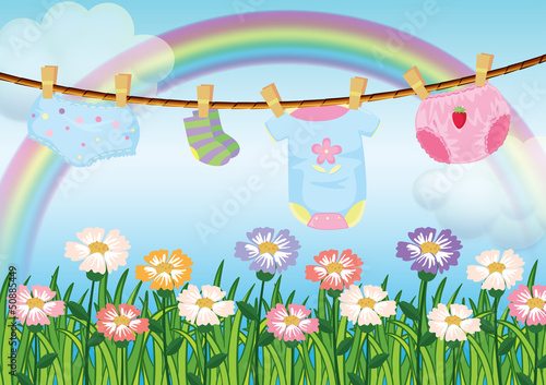 A garden with hanging baby clothes