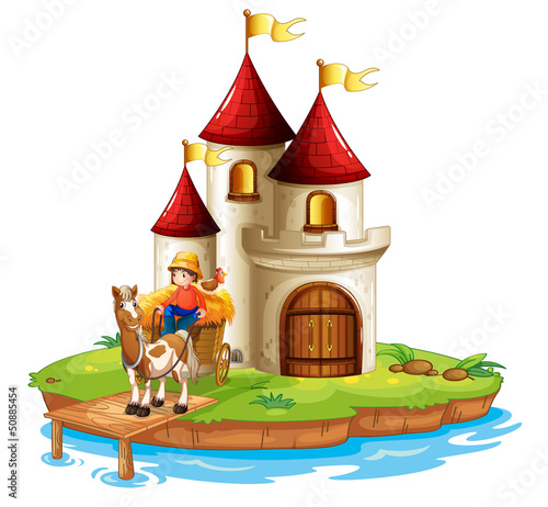 A boy and his cart in front of a castle