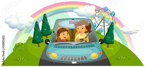 A mother driving the car with her daughter