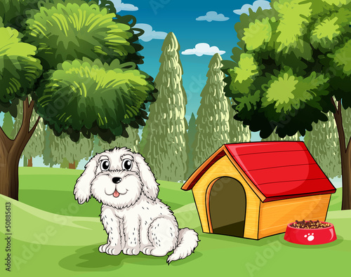 A white puppy outside his doghouse