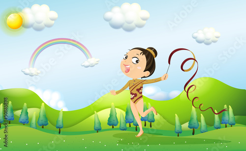 A dancer bringing a stick with ribbon