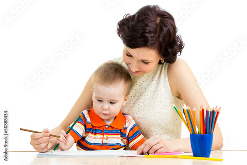 baby boy and mother drawing...