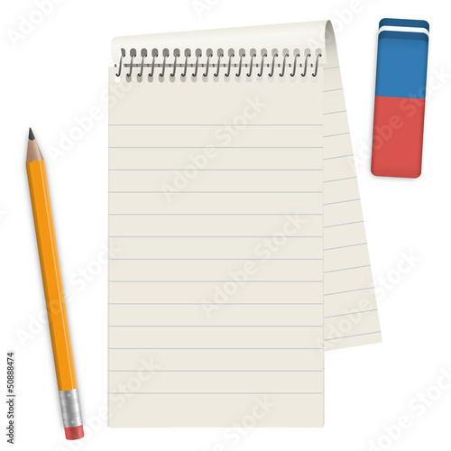 Block mit Bleistift und Radiergummi