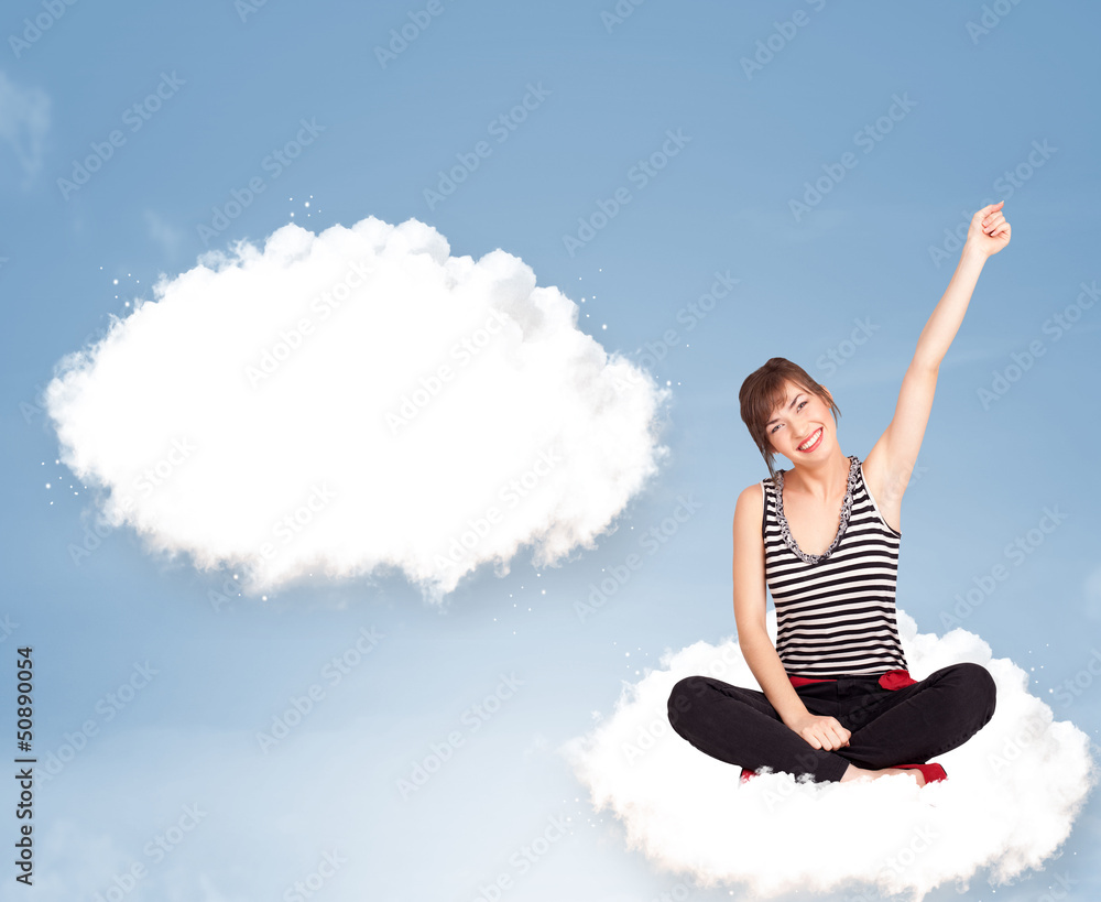 Young girl sitting on cloud and thinking of abstract speech bubb Young girl sitting on cloud and thinking of abstract speech bubb