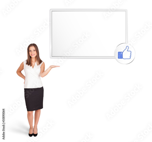 young woman presenting modern copy space