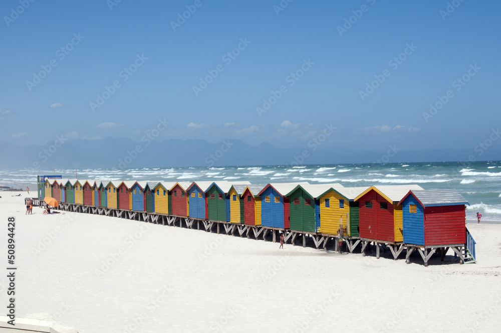 Naklejka premium Beach huts Blue Flag beach at Muizenberg in the Western Cape