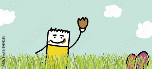 Personnage qui trouve des chocolats dans le jardin - Pâques