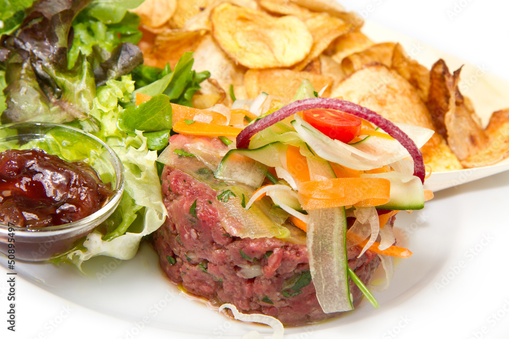 raw ground beef with chips and salad raw ground beef with chips and salad