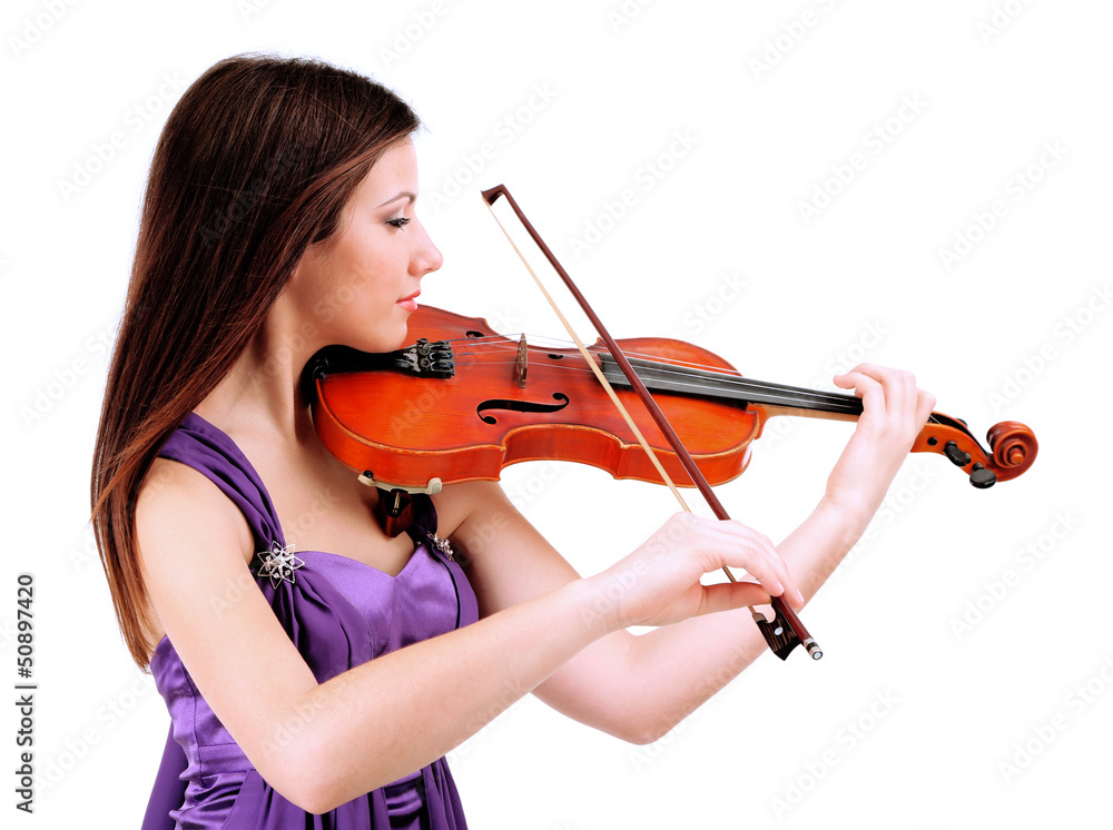 Beautiful young girl with violin, isolated on white Beautiful young girl with violin, isolated on white
