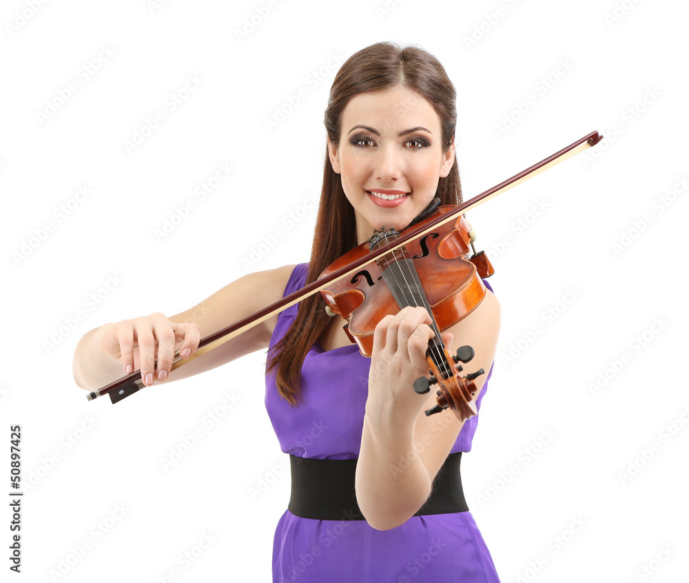 Beautiful young girl with violin, isolated on white Beautiful young girl with violin, isolated on white