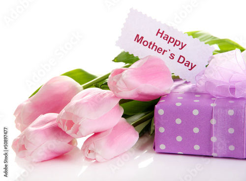 Fototapeta Naklejka Na Ścianę i Meble -  Beautiful bouquet of pink tulips and gift for Mother's Day,