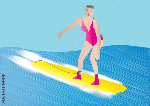 An Older Woman surfing on a yellow surf board