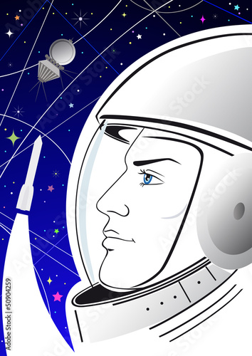 Vector astronaut on the starry sky and the spacecraft