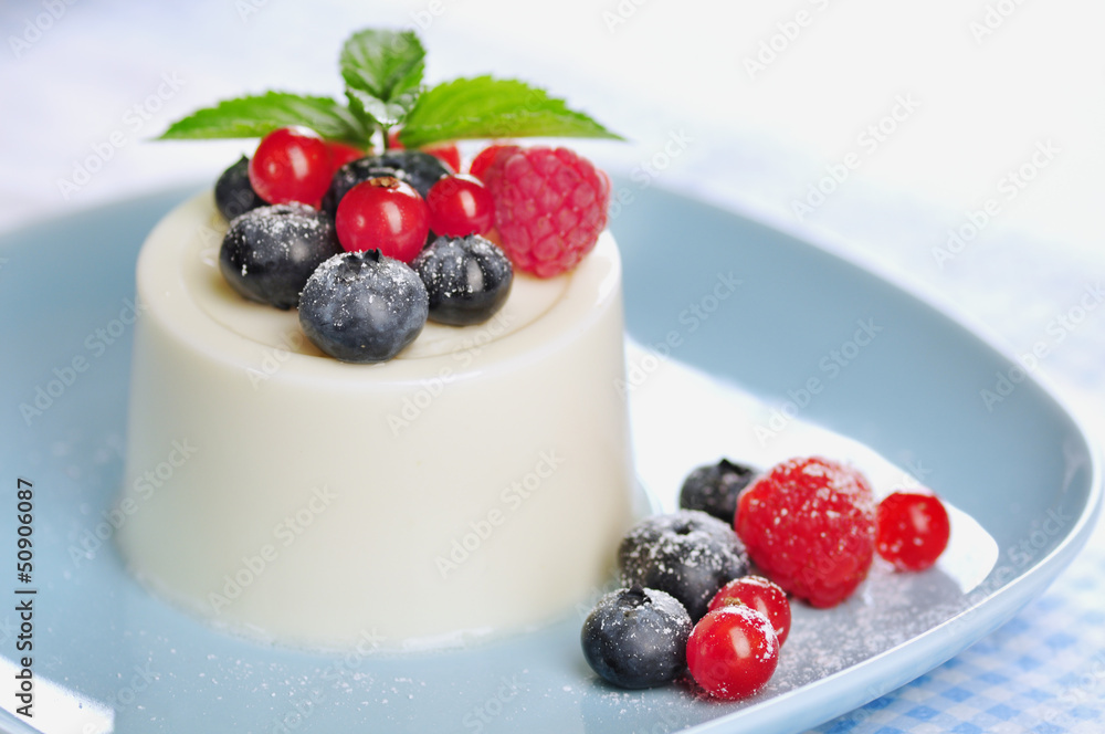 Food: Panna cotta with fruits and mint Food: Panna cotta with fruits and mint
