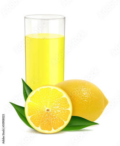 Fresh lemons with leaves and juice