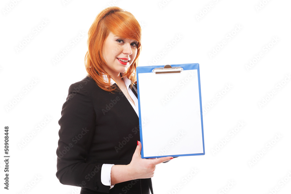 redhaired business woman holds clipboard with blank redhaired business woman holds clipboard with blank