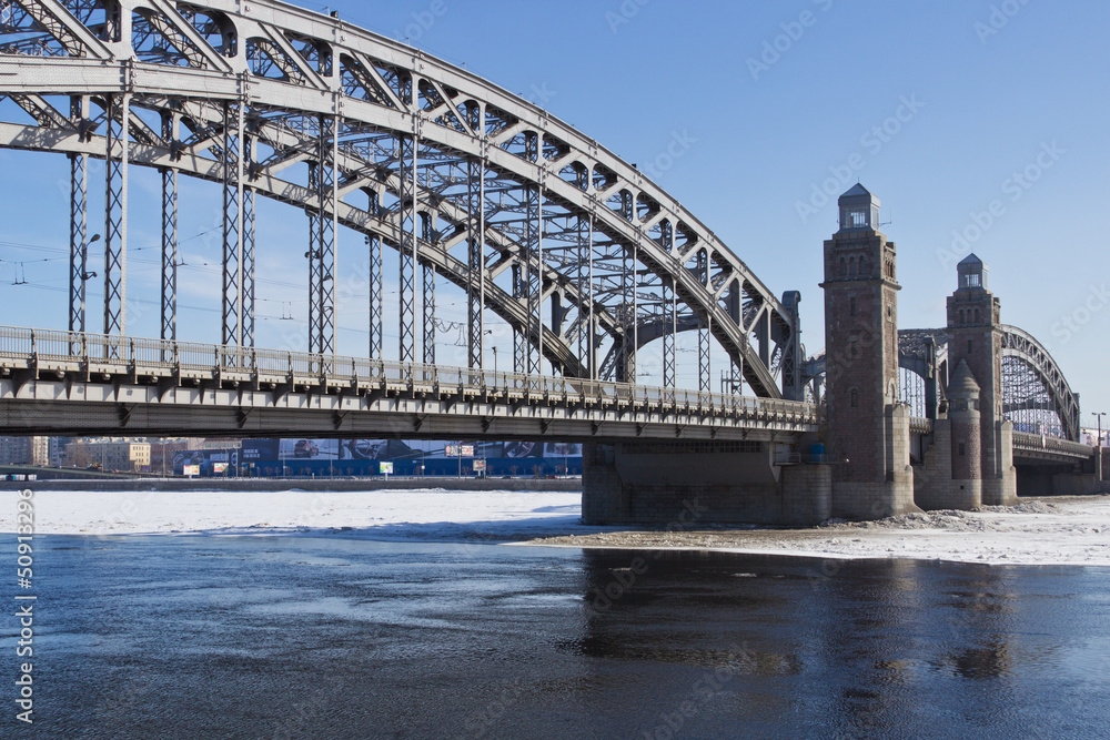 Bolsheokhtinsky Bridge through the Neva River in St. Petersburg