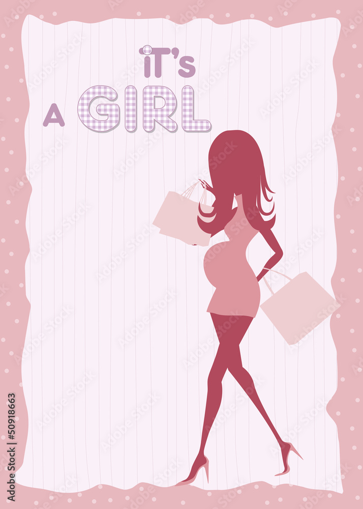 baby announcement card with beautiful pregnant woman on shopping