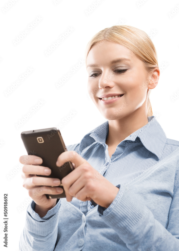 Close up of blonde woman using smart phone Close up of blonde woman using smart phone