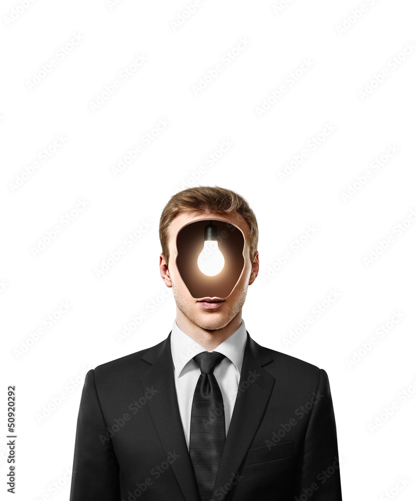 man with bulb inside head isolated on white