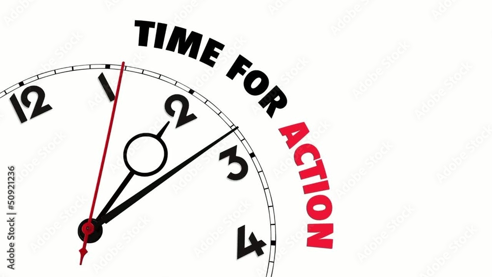 White clock with words Time for Action on its face White clock with words Time for Action on its face