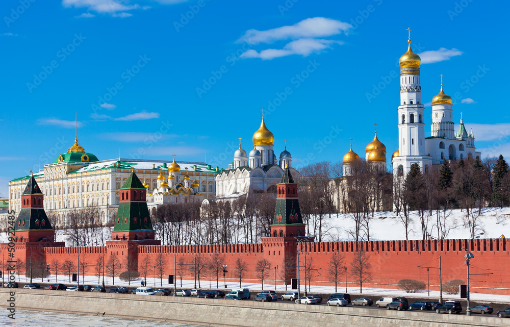 Beautiful view of the Moscow Kremlin in sunny spring day