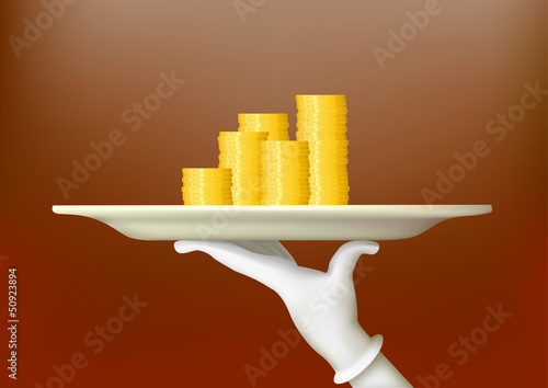 hands holding a tray with money