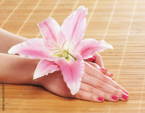 Beautiful female hands with flowers and petals in spa style