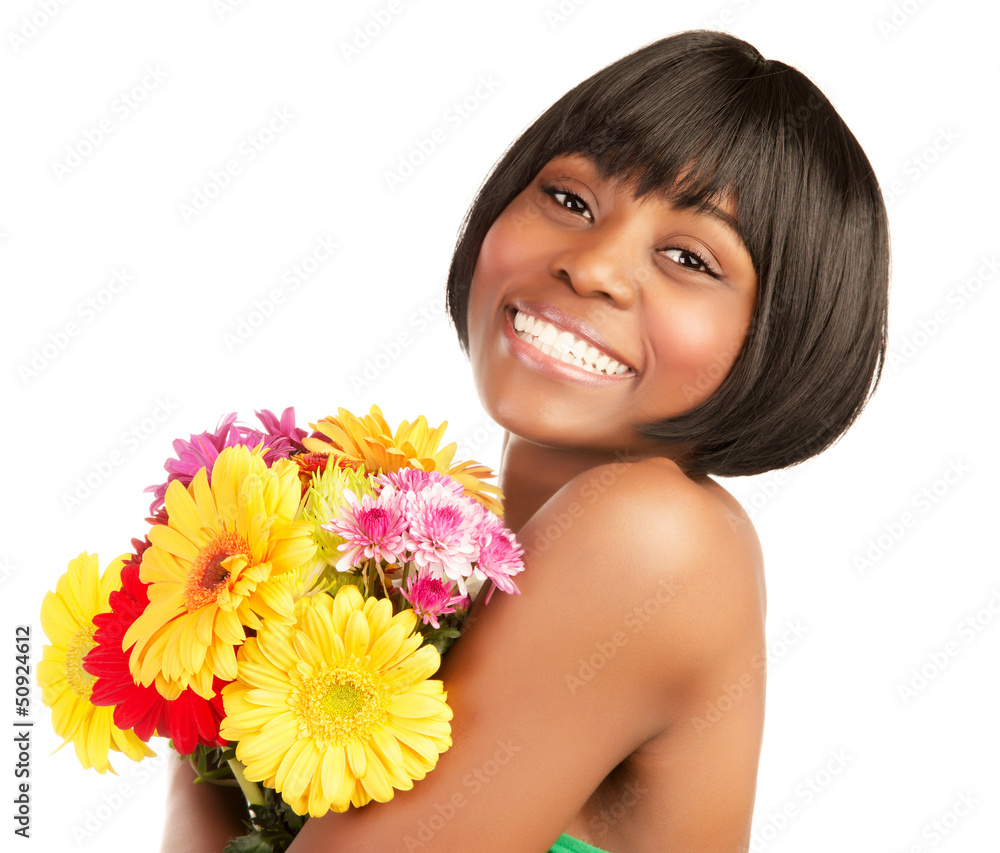 Smiling black girl with bouquet Smiling black girl with bouquet