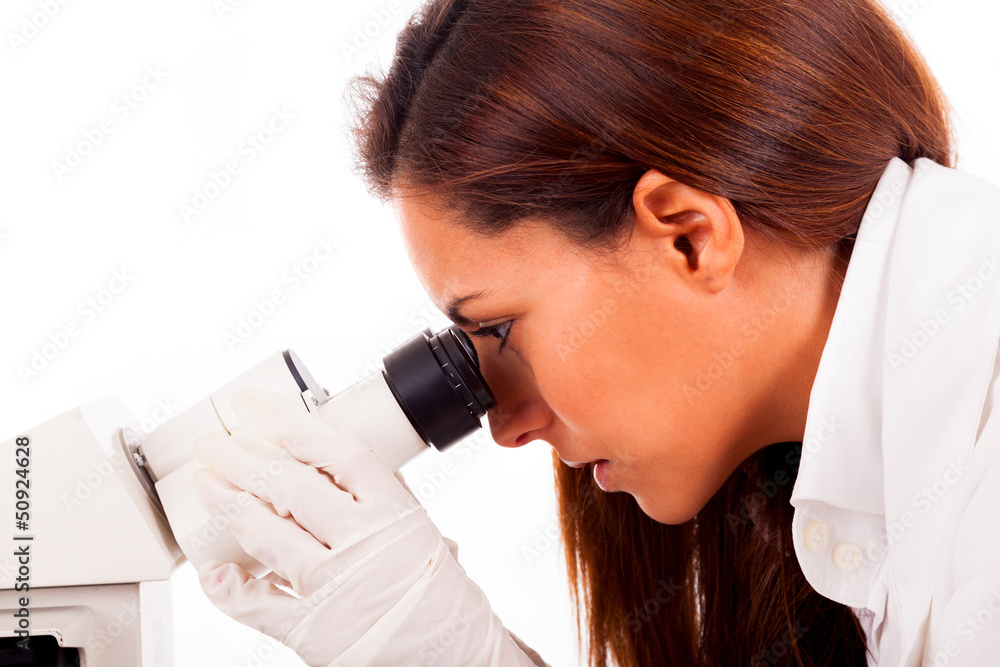 Closeup of a young female researcher looking into a microscope, Closeup of a young female researcher looking into a microscope,