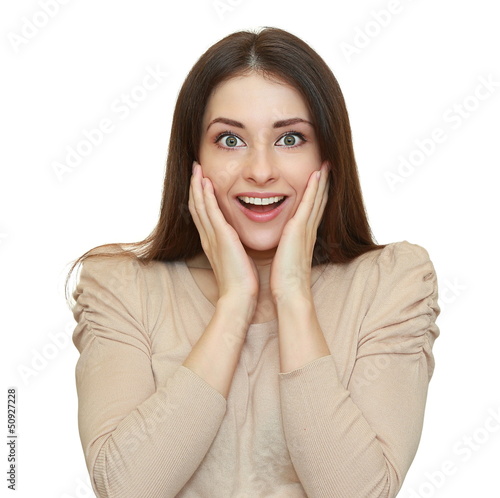 Surprised woman with opened mouth and big eyes looking happy