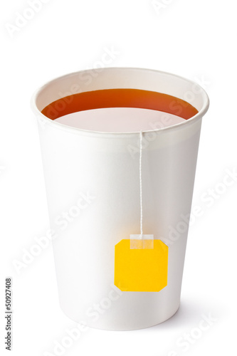 Take-out teacup with tea and yellow label