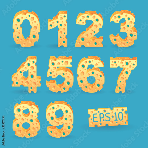 Fototapeta Naklejka Na Ścianę i Meble -  Cheese number alphabet set. Vector illustration. More typeface s