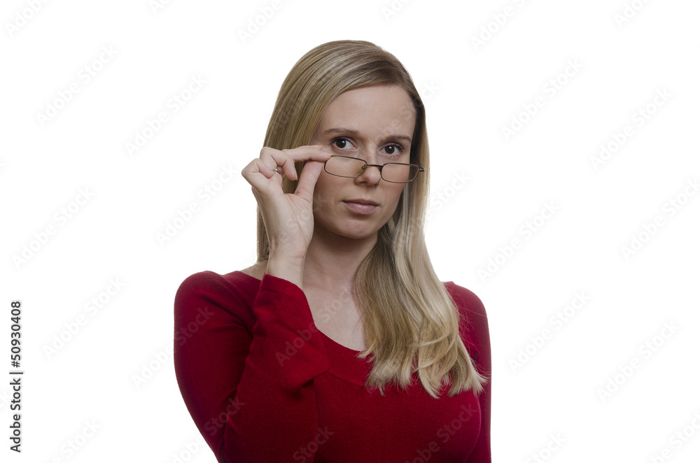 young blonde woman touching her glasses on white background young blonde woman touching her glasses on white background