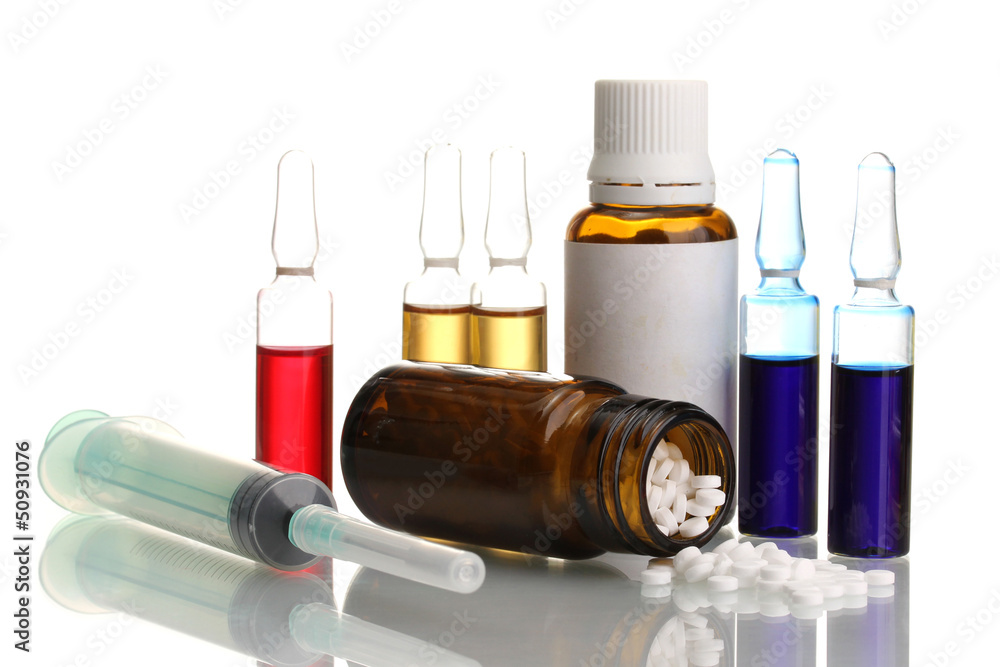 medical ampules, bottles and syringes, isolated on white medical ampules, bottles and syringes, isolated on white