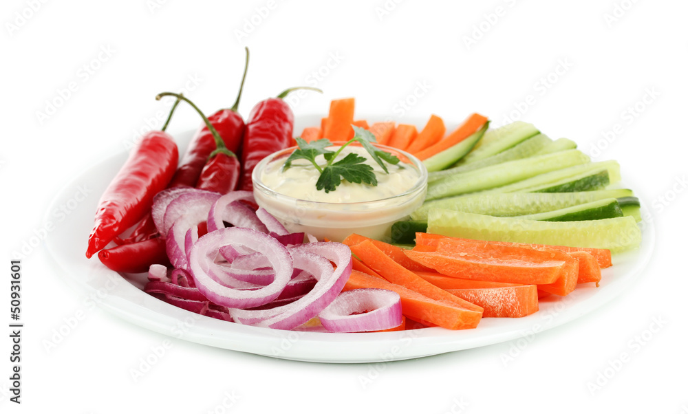 Assorted raw vegetables sticks in plate isolated on white Assorted raw vegetables sticks in plate isolated on white