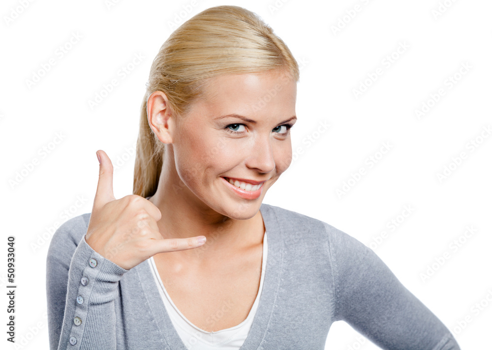 Girl gesturing phone call with hand, isolated on white Girl gesturing phone call with hand, isolated on white