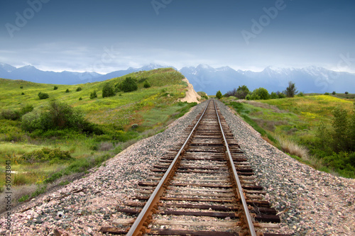 Train track in prairie landscape of Montana