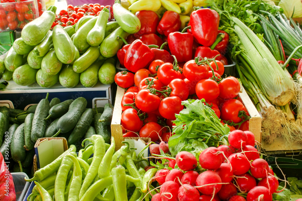Fresh vegetables on market stalls