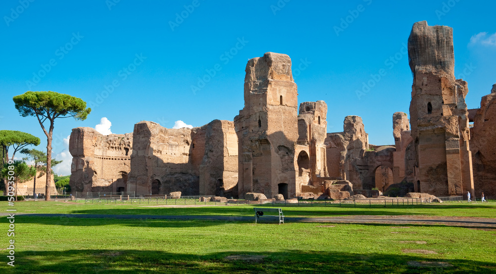 Caracalla springs ruins view from ground panoramic at Rome