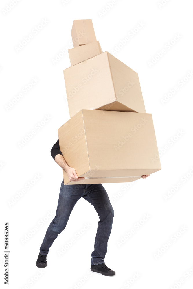 Man lifting cardboard boxes on white, moving day Man lifting cardboard boxes on white, moving day
