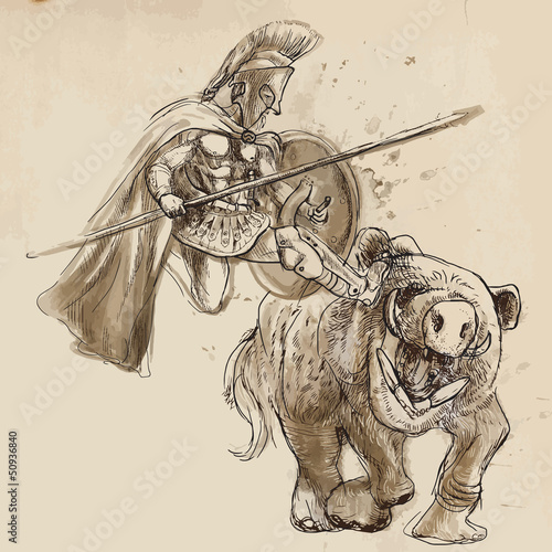 Greek myth and legends (Drawing into vector) - Hercules and Boar