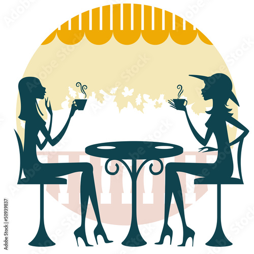 Dos amigas tomando un café o té y charlando
