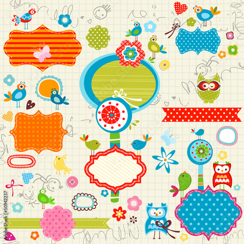 birds and labels on scribbl...