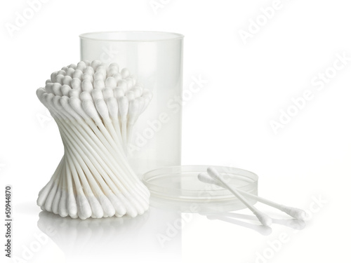 Cotton buds and plastic packing on a white background